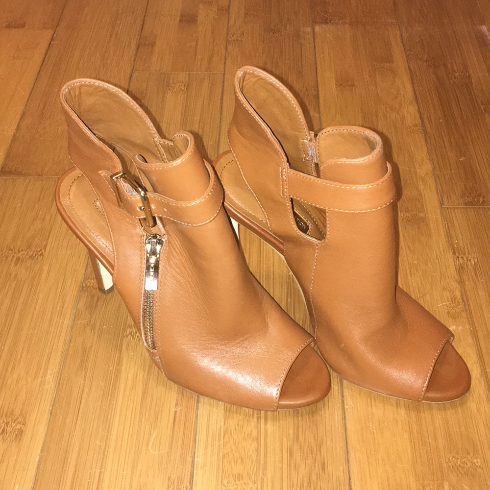 Tan leather open toe booties